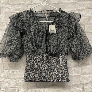NWT Free People Beatrice Mesh Blouse Top Floral Printed Ruffle Smocked Sz XS NWT